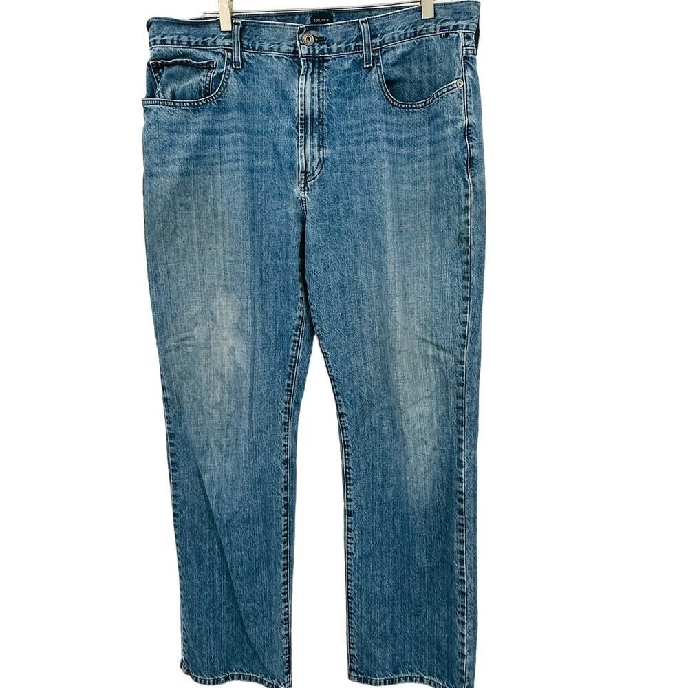 Nautica Loose Fit Jeans Distressed Blue Mens Size 36 x 34 Straight Leg